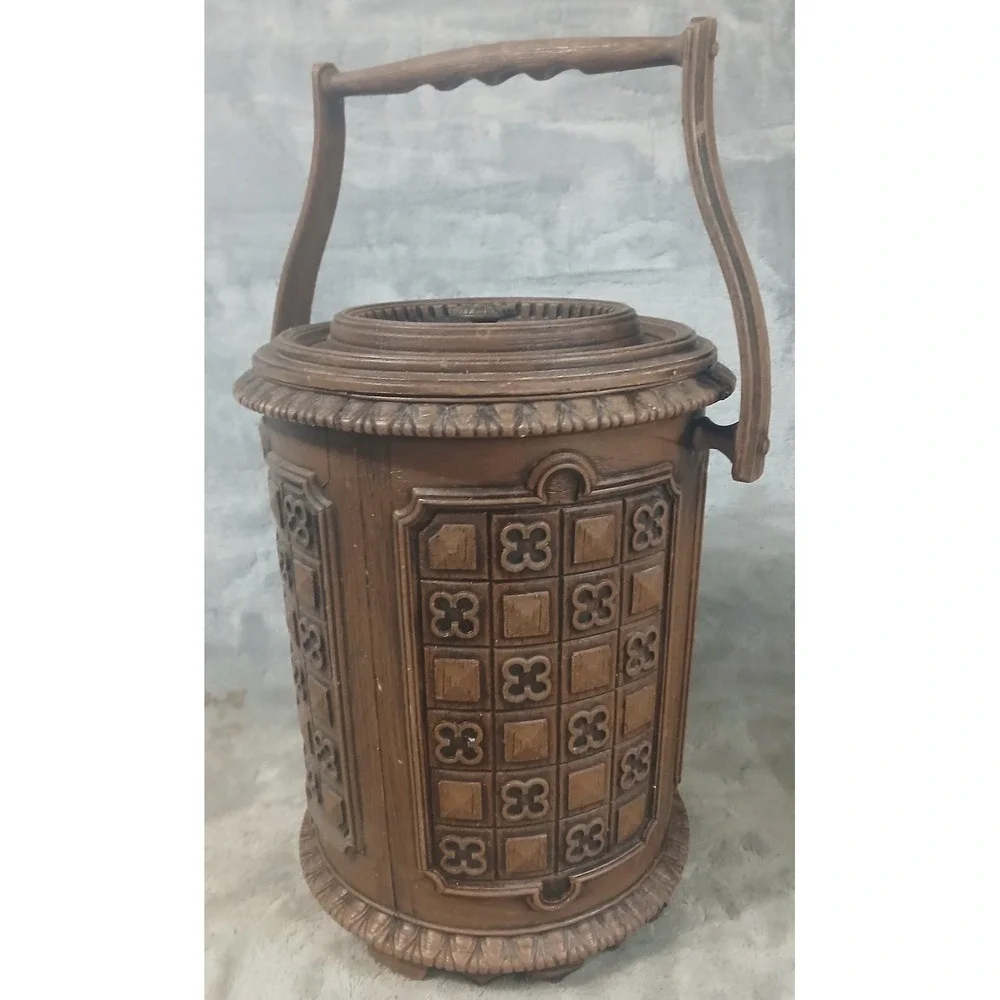 Vintage Faux Wood Ice Bucket Mediterranean Brutalist Ornate Barware Brown 10in